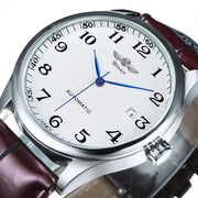 WINNER men's fashion business watch with white textured dial, blue hands, stainless steel case, burgundy leather strap