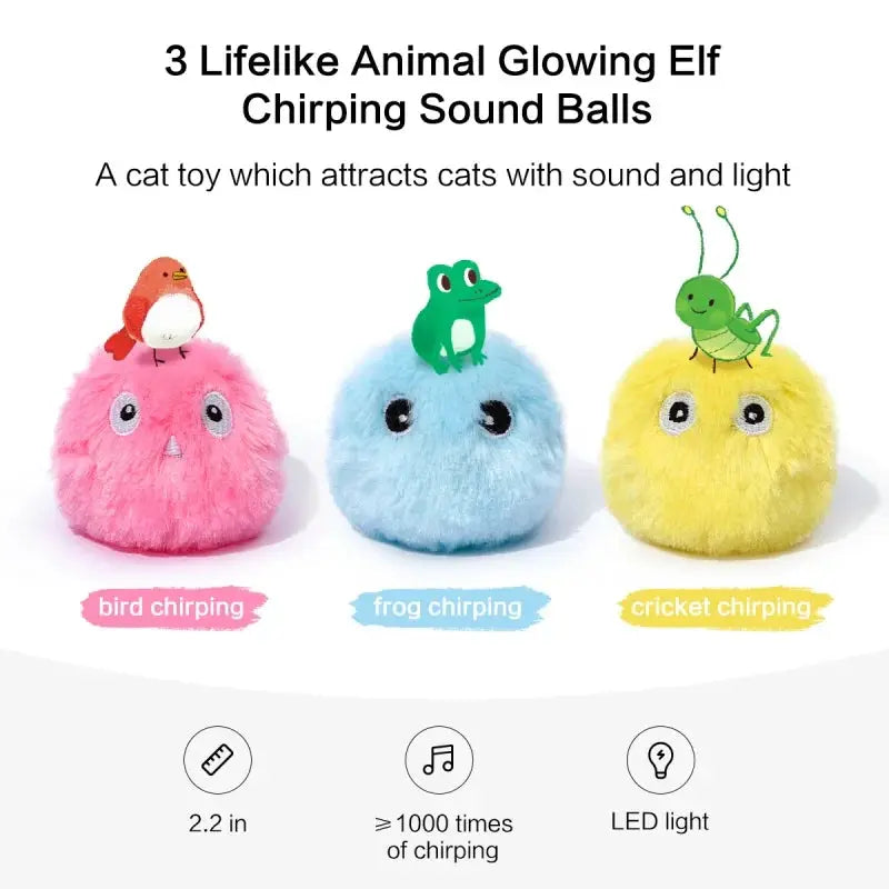 3Pcs plush squeak toy balls for pets by Simples Market; pink, blue, yellow fluffy balls with bird, frog, cricket toppers