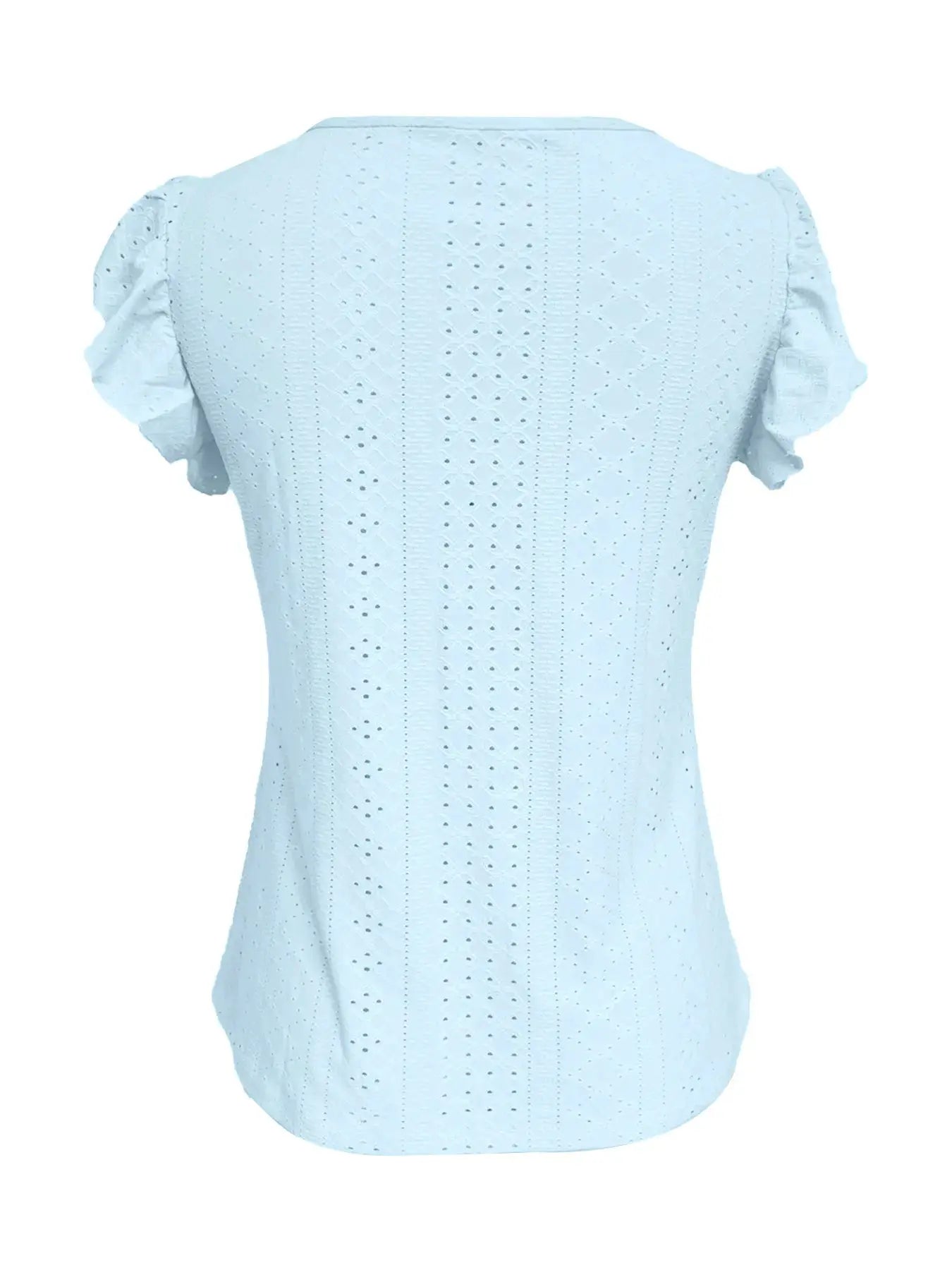 Light blue women's eyelet blouse with short puff sleeves and vertical cutwork pattern.