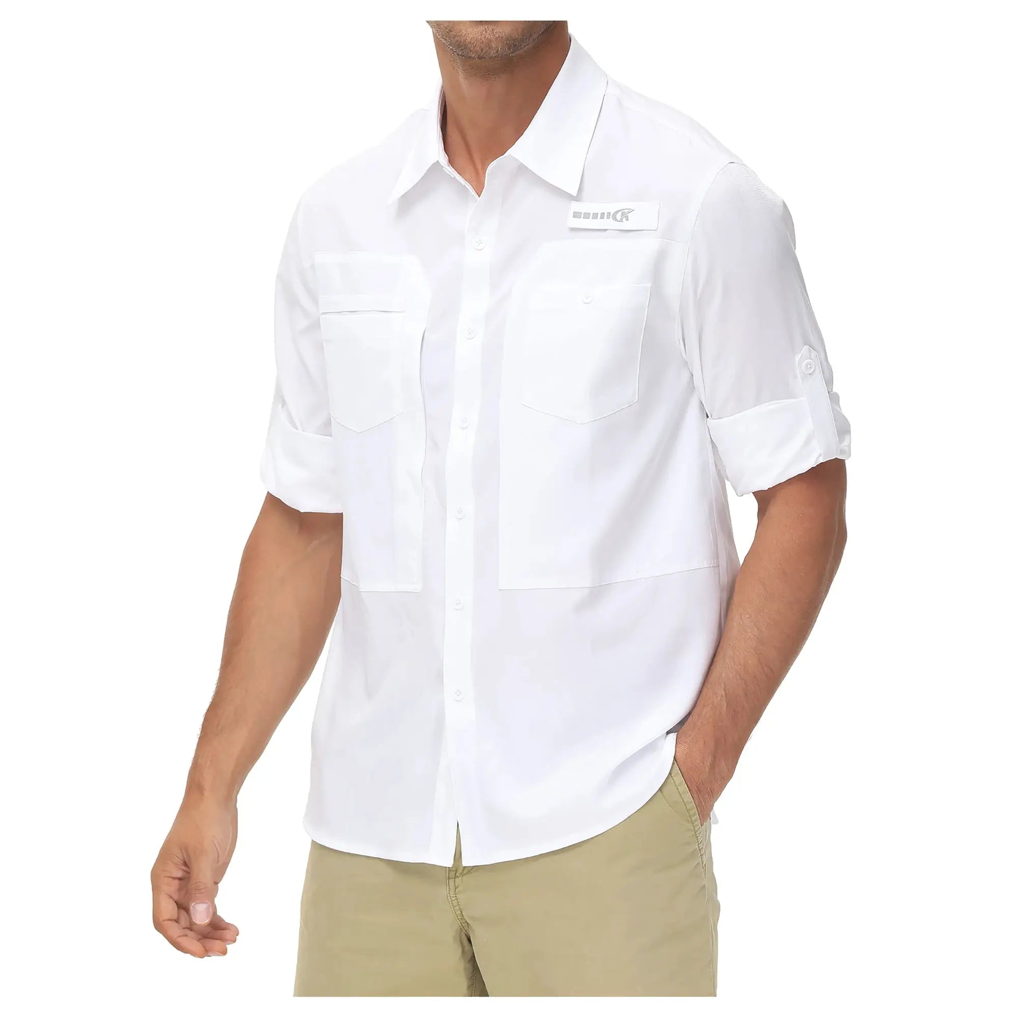 Simples Market men's white long-sleeve fishing shirt with two chest pockets and rolled sleeves