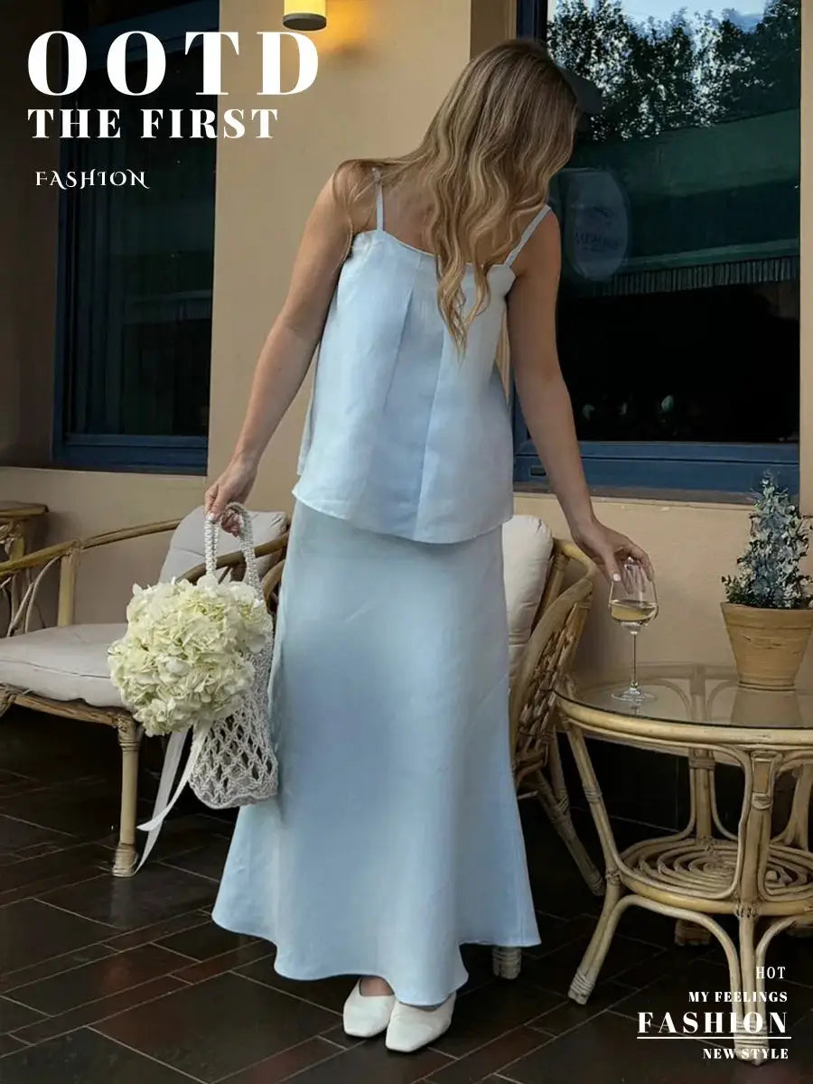 Bornladies Cotton Women Cami Skirt Set Mermaid Maxi Two Piece Outfit