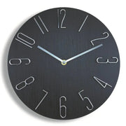 30cm black round wall clock with silver wire numerals and slim silver hands, no second hand