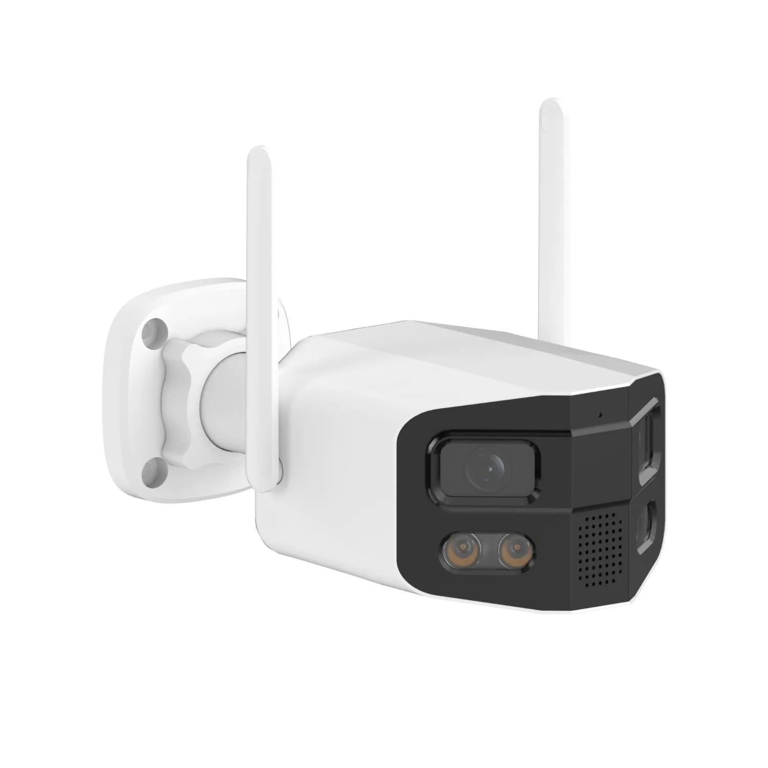 Simples Market Tuya Smart outdoor security camera with dual lenses, 180° wide view, white body and black front