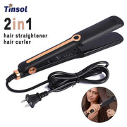 Tinsol 2-in-1 hair straightener and curler with ceramic plates, adjustable temperature, black with copper accents.