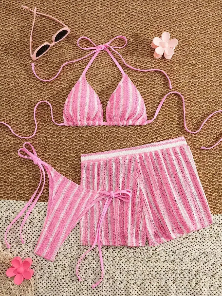 Three-piece pink striped mesh bikini set with triangle top, neck ties, tie-side bottoms, and matching shorts