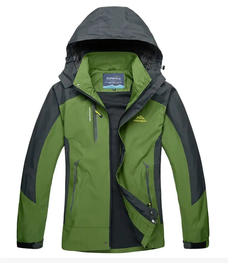 TRVLWEGO camping hiking jacket in green and black, waterproof windbreaker with hood and zip pockets