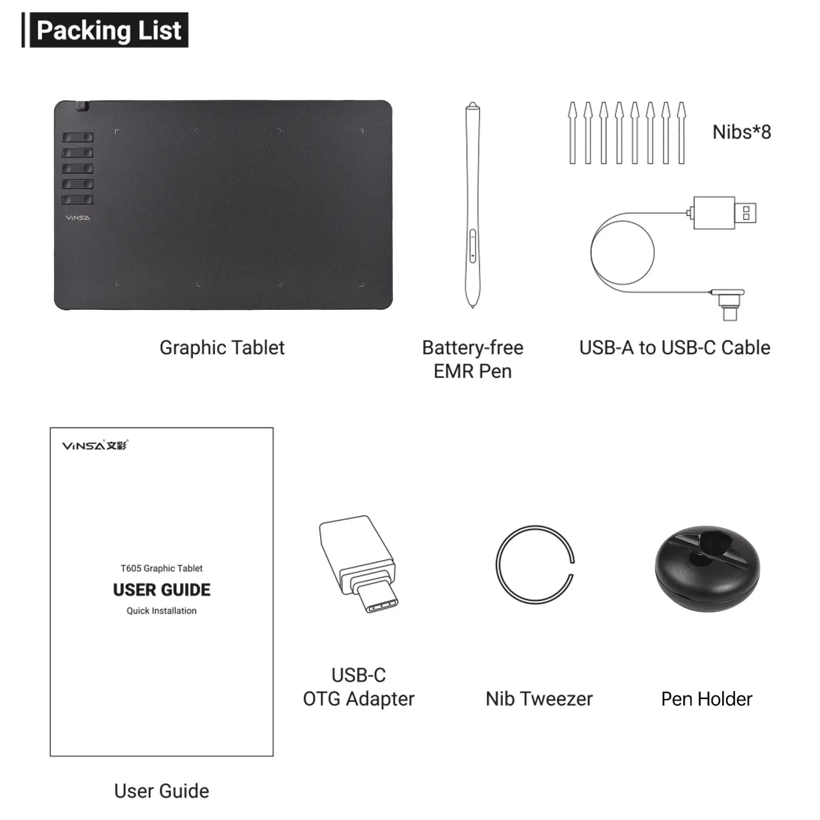 VINSA T1161 graphics drawing tablet, black ultra-thin with battery-free EMR pen and 8 nibs, USB-A to USB-C cable.