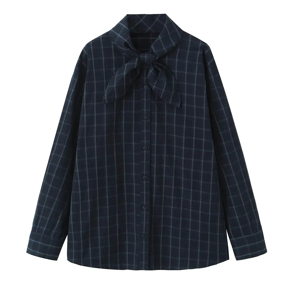 Navy plaid women's shirt with bow at neck, long sleeves, button-down