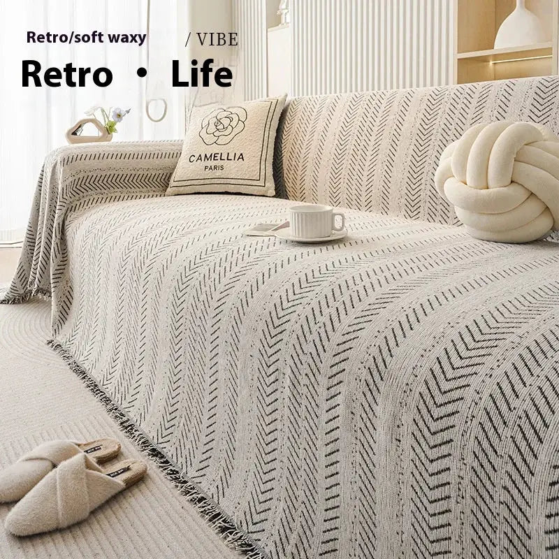 Home sofa cover for 3-seater in beige fishbone pattern, full set; anti-scratch, non-slip, stain-resistant fabric.