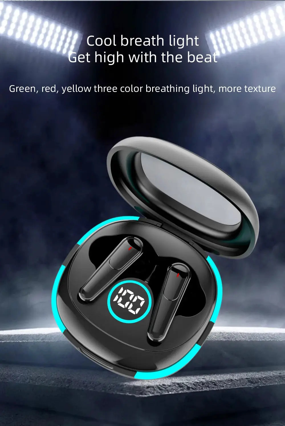 Plus50 ANC+ENC true wireless earphones in a charging case with LED display; two black earbuds with turquoise ring.