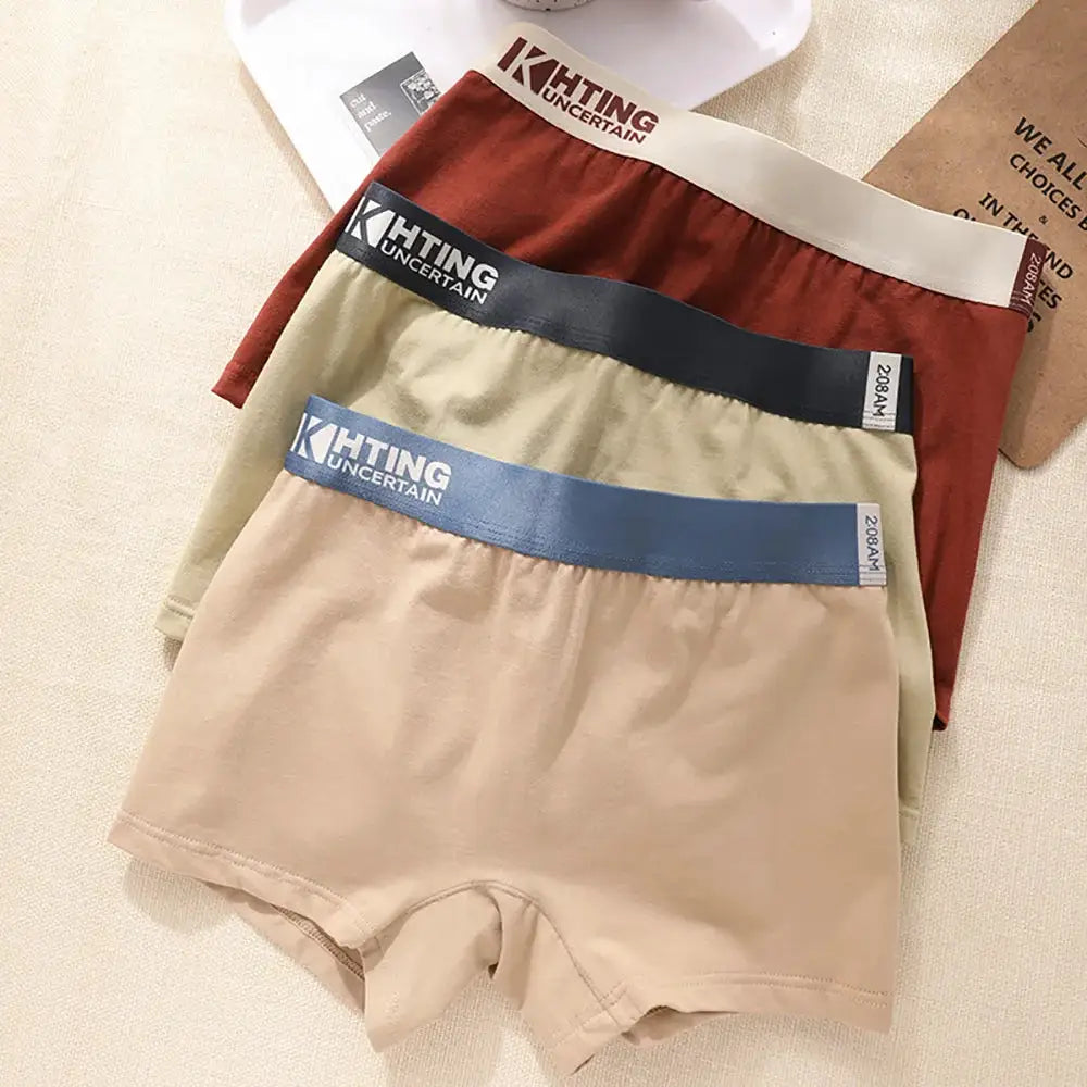 Women's cotton panties 4-pack with elastic waistbands in beige, khaki, burgundy and blue, branded KHTING UNCERTAIN