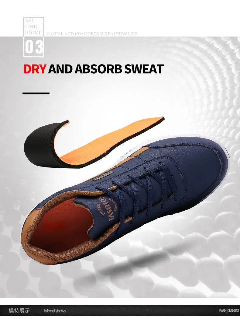 Leather men's navy blue sneakers with brown lining and orange insole, casual vulcanized footwear
