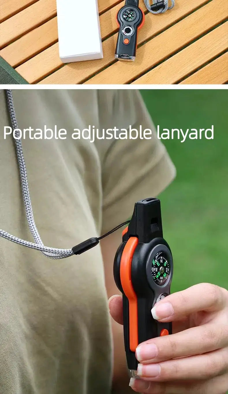 Whistle with 7-in-1 survival features, orange and black body with a compass and adjustable lanyard