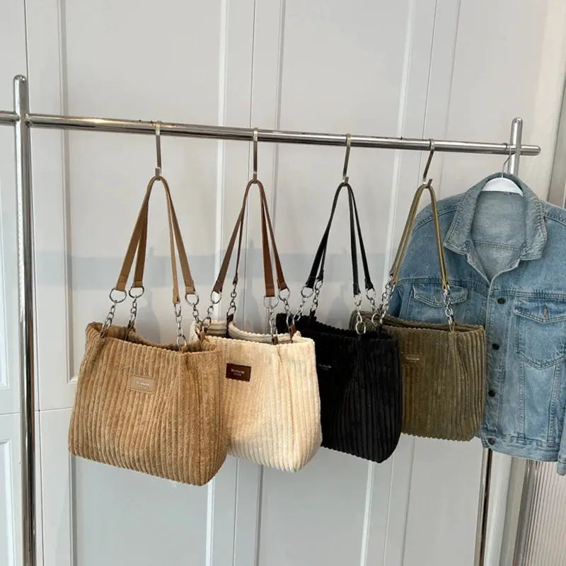 Women corduroy shoulder bags by Simples Market; four solid-color handbags with fixed straps and large capacity