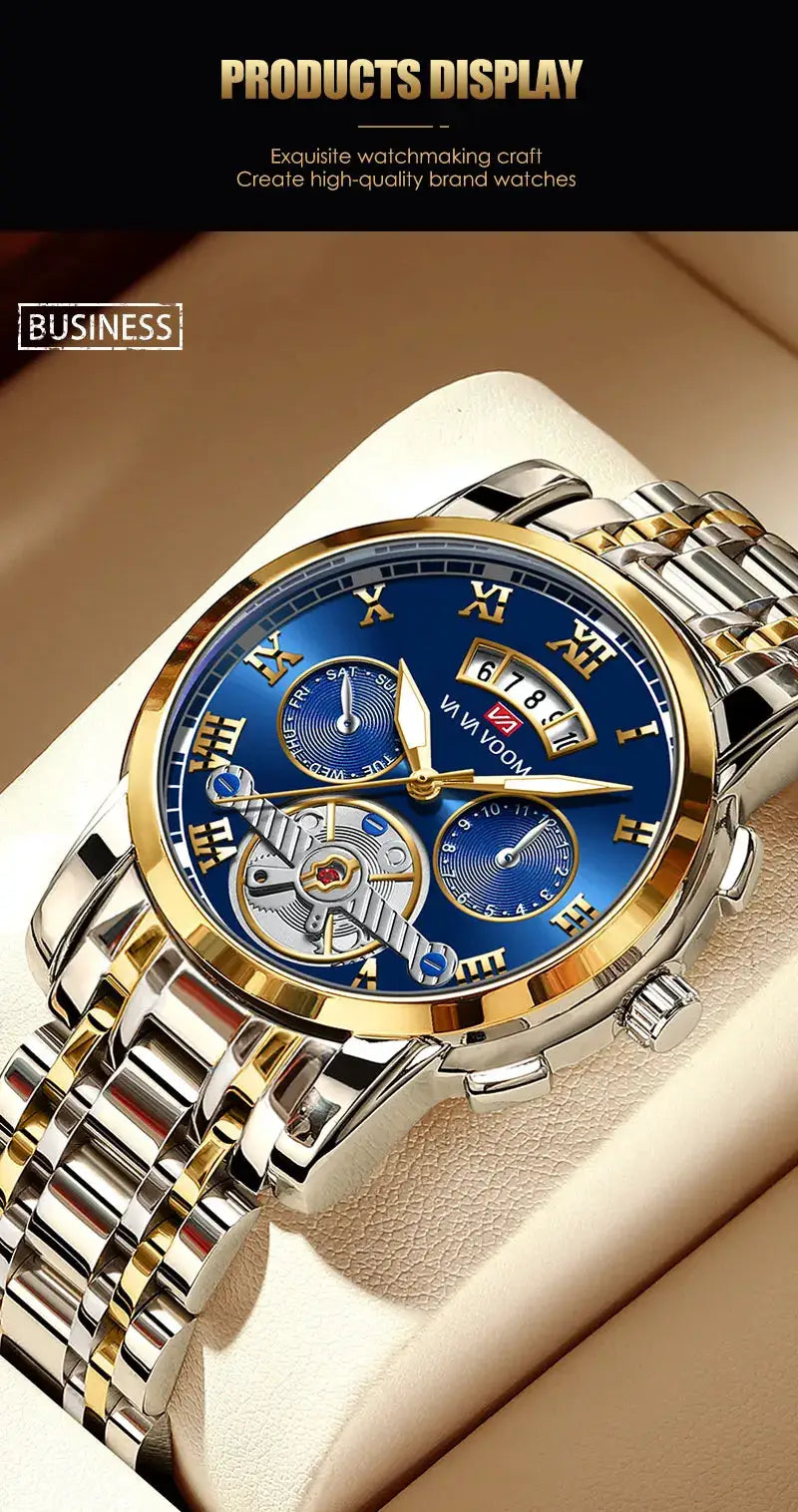 Relógio masculino Simples Market luxury watch with blue dial, gold bezel and two-tone stainless steel band