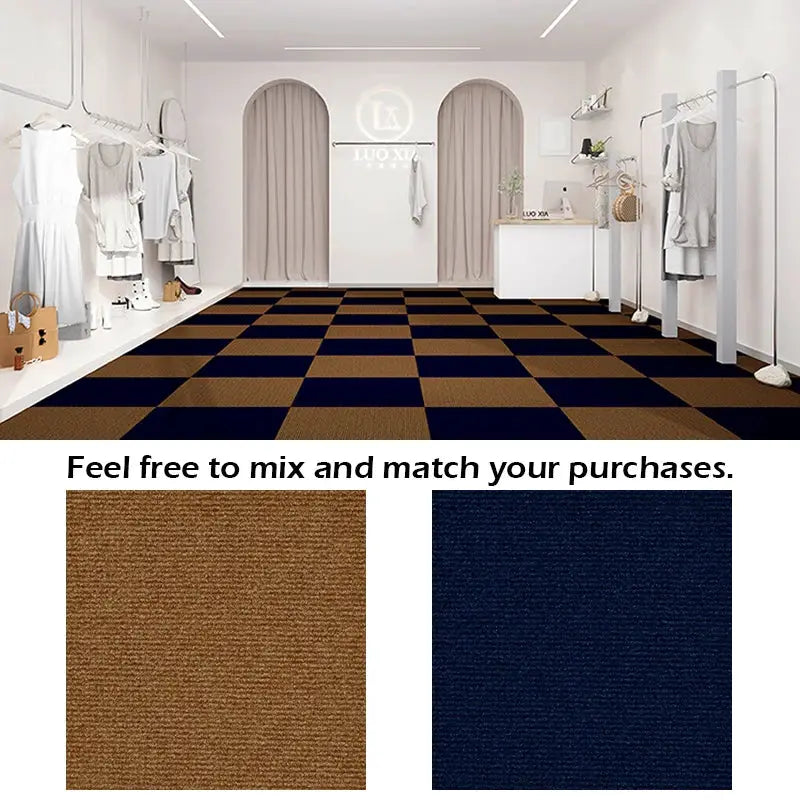 Simples Market 30x30 cm self-adhesive anti-slip floor rug tiles with brown and navy swatches.