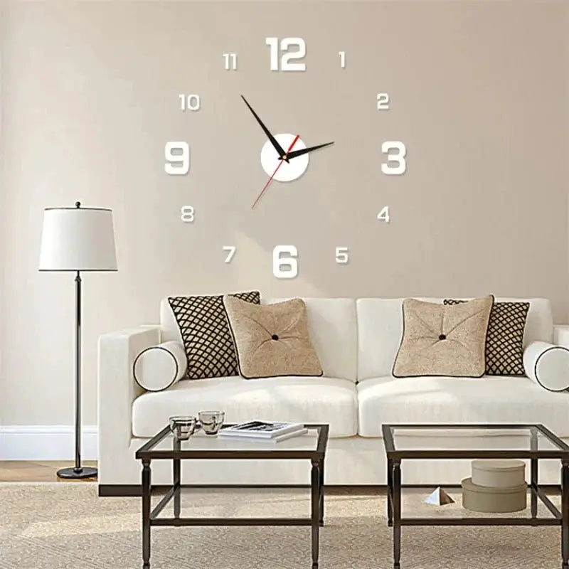Wall clock with oversized white numerals and black hands on a beige living room wall