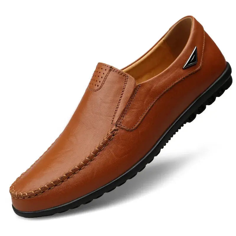 Leather men's loafers moccasins slip-on brown with black rubber sole and side triangle logo