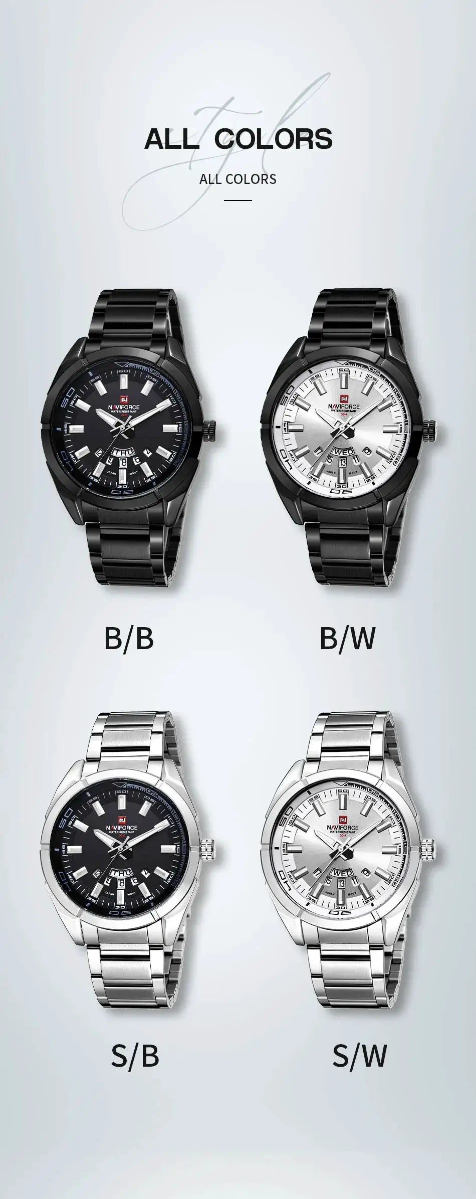 NAVIFORCE Classic Casual Men's watches in stainless steel bands; set of four color variants: B/B, B/W, S/B, S/W