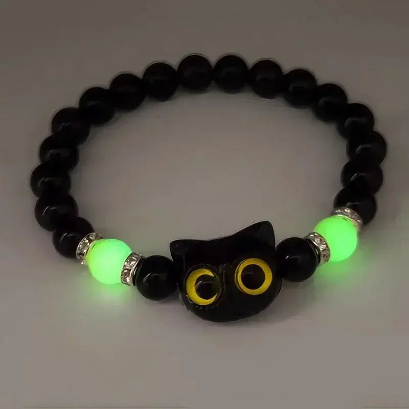 Luminous Cat Head Bead Strand Bracelet for Couples Black White Cat Design Matching Friendship Jewelry for Men and Women