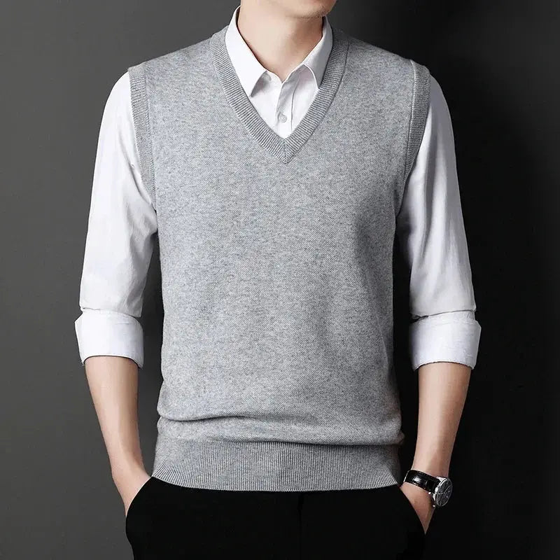 Simples Market men's grey V-neck knitted vest over white shirt, casual warm sweater top.