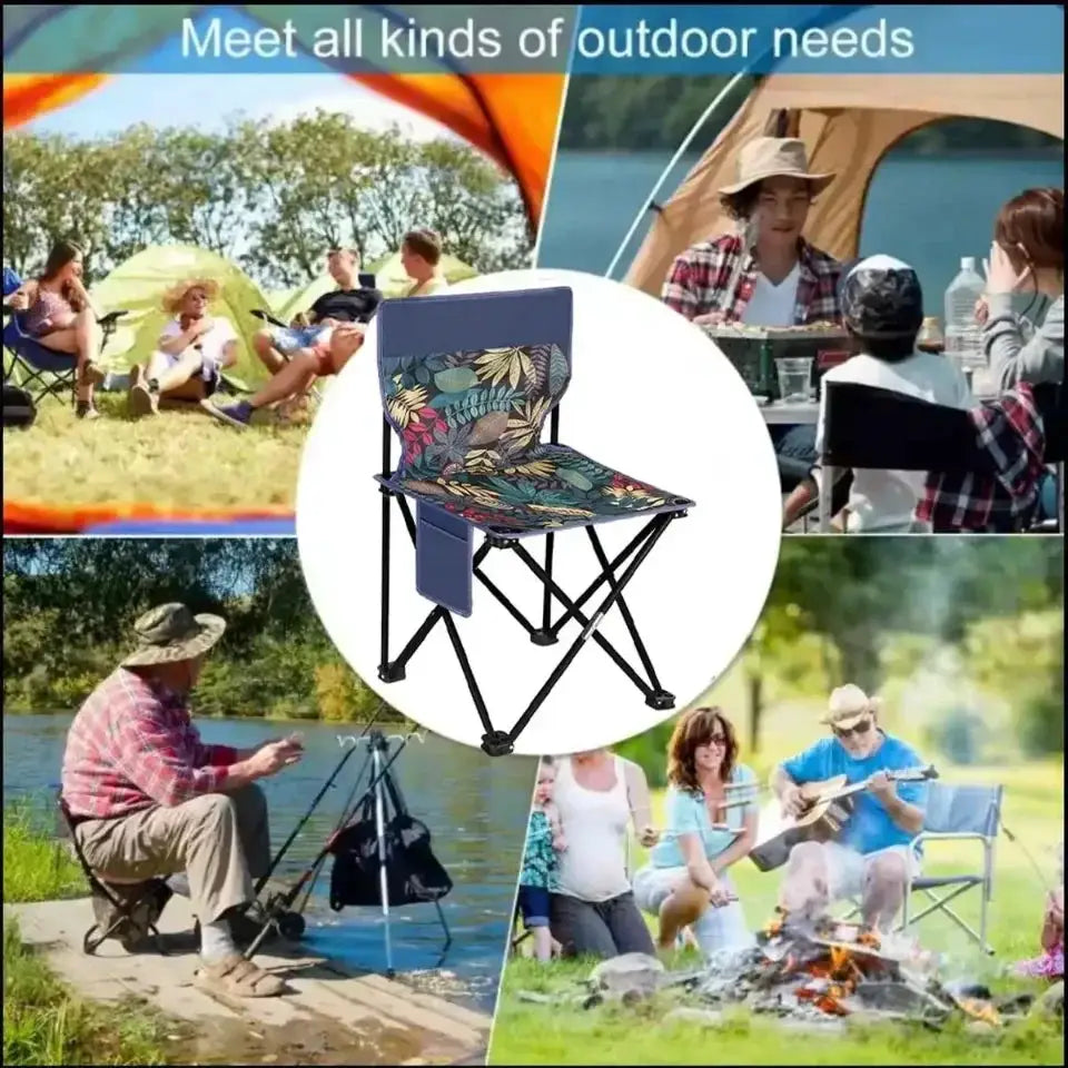 Portable folding camping chair by Simples Market with leaf-patterned Oxford cloth seat and side pocket, outdoor use.