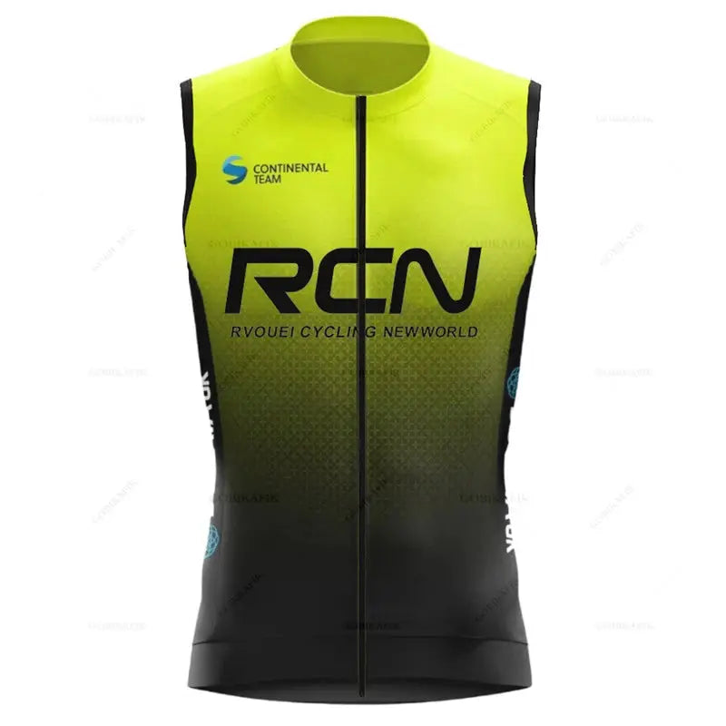 Rvouei windproof cycling sleeveless vest in neon yellow-black gradient; lightweight, breathable fabric with full zipper