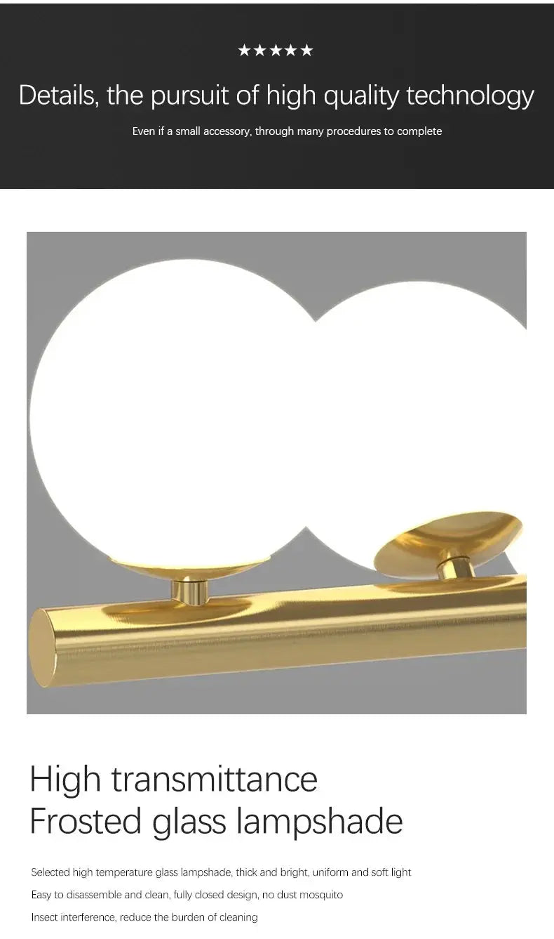 Nordic ceiling chandelier with two frosted glass globes on a gold bar, Simples Market