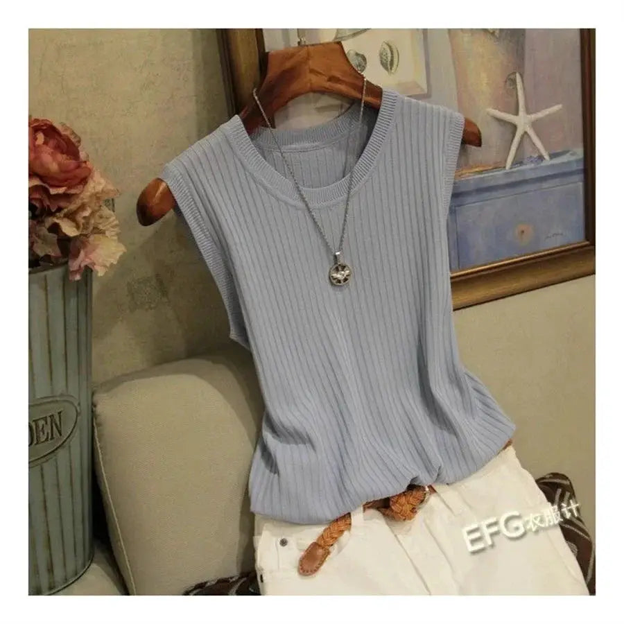 Summer sleeveless knitted blouse, light-blue O-neck, Simples Market, on hanger