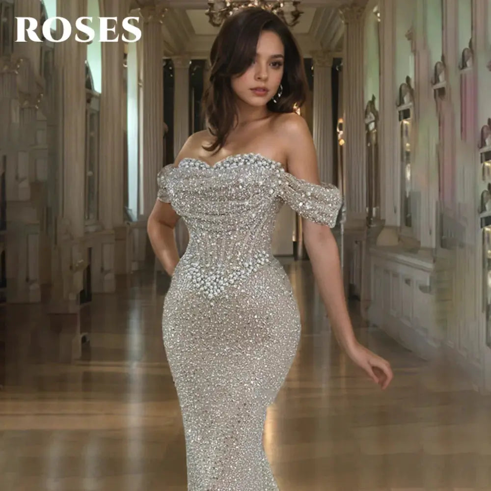 Roses Pearl Prom Dress Sweetheart Off Shoulder Gown With Sequins