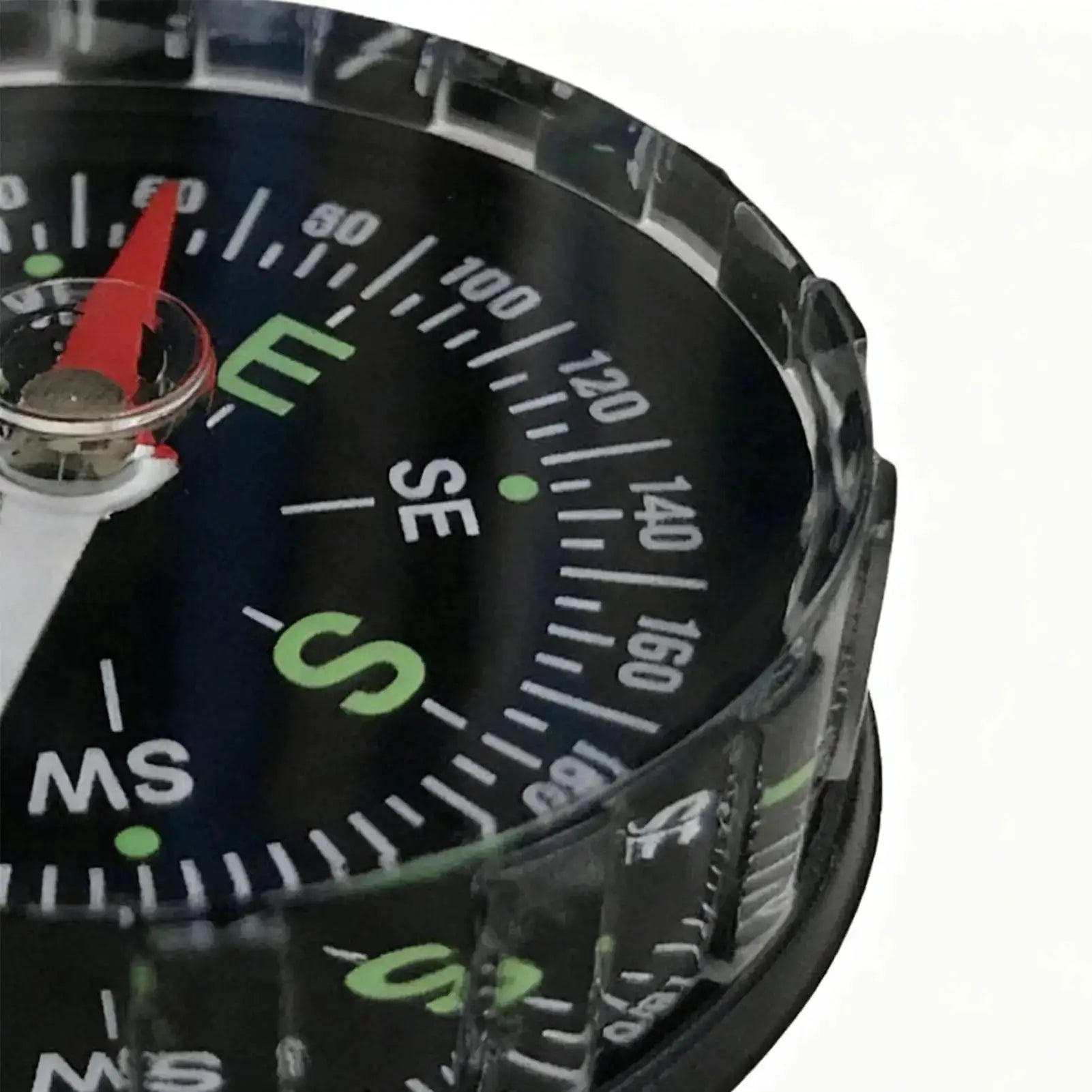 Waterproof hiking compass with black dial, red needle and green cardinal marks
