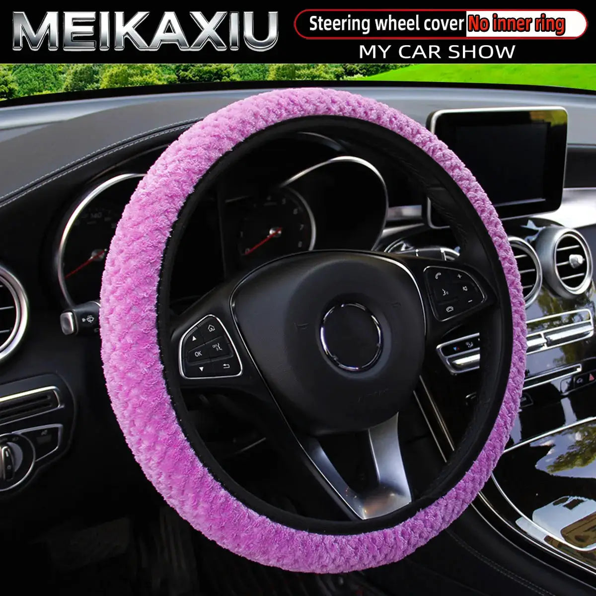 Women's pink plush steering wheel cover with soft fur, elastic fit, no inner ring
