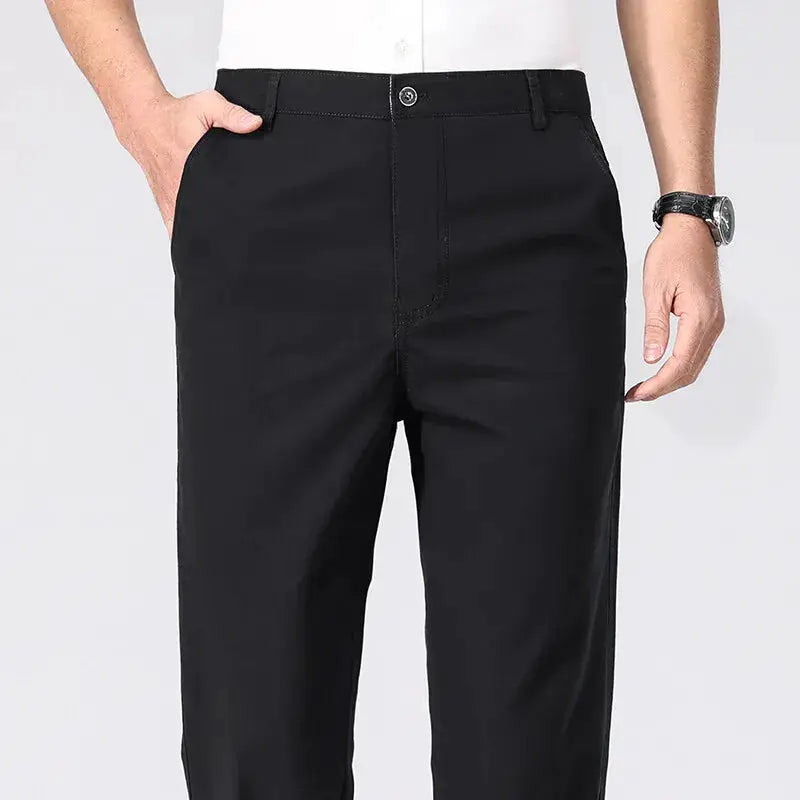 Men's black chinos by Simples Market with pockets; lightweight business casual dress pants