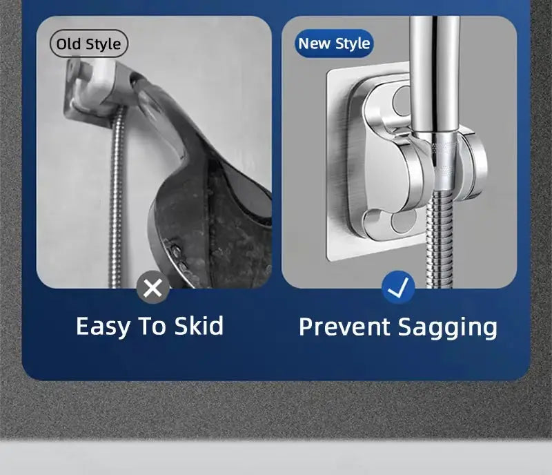 Universal shower head holder; new style adjustable chrome bracket prevents sagging on slide bar