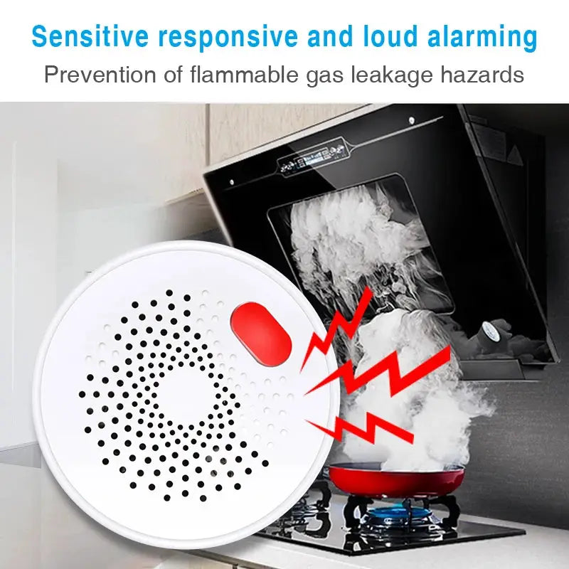 Tuya Smart Gas Leak Detector, white circular sensor with perforated face and red indicator, Simples Market