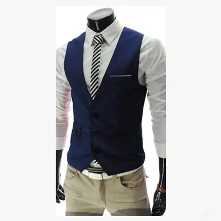 7XL navy dress vest for men, slim-fit waistcoat worn with white shirt and striped tie