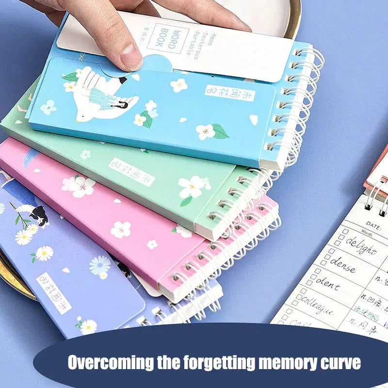 Pastel spiral-bound word notebooks and planners in a five-pack with floral covers in blue, pink, mint, lilac