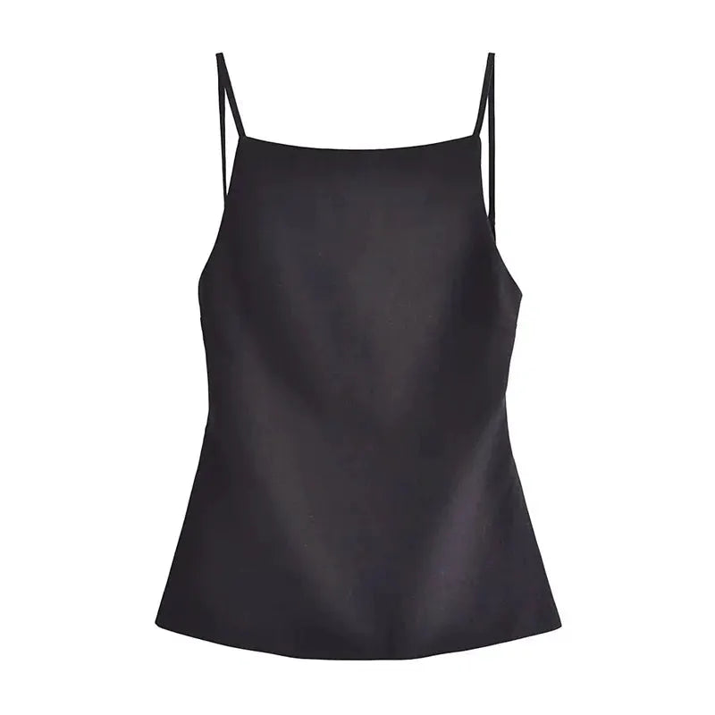 Women 2025 Black Backless Crop Top With Straps Breathable Polyester And Elegant Tatting For Parties