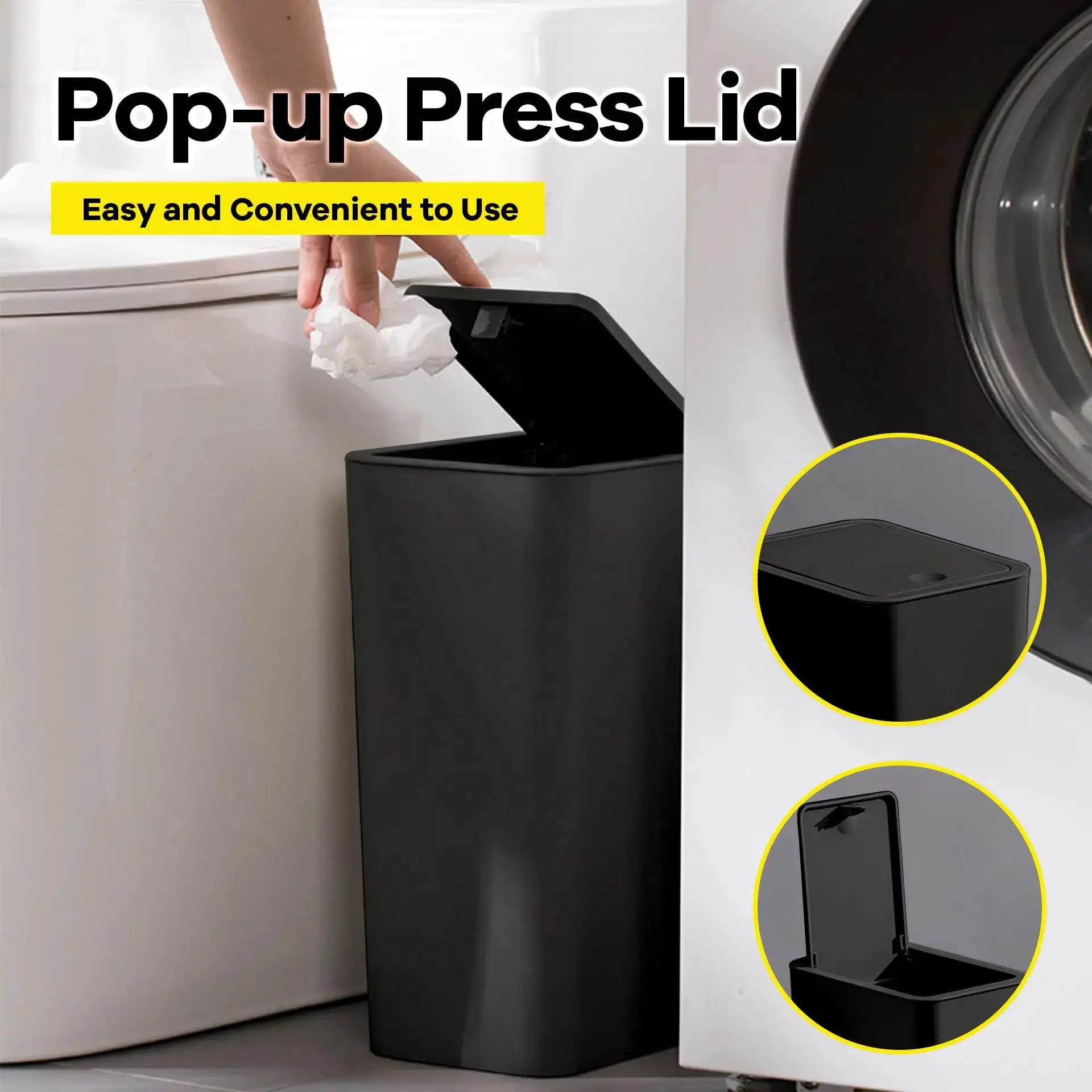 Bathroom trash can, 10L small black plastic wastebasket with a pop-up lid.
