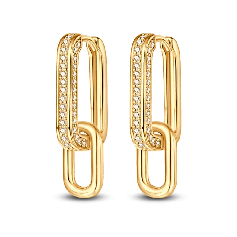Pair of gold-tone hoop earrings with crystal pavé along the edge, double-loop design