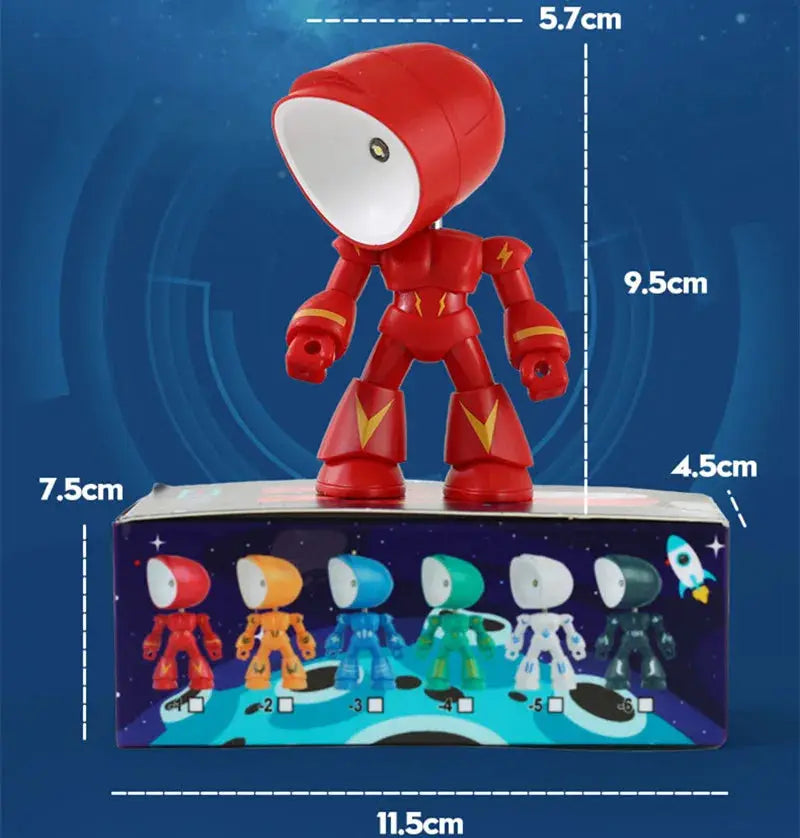 Mini LED night light red cartoon hero police desk lamp by Simples Market; box shows six color variants