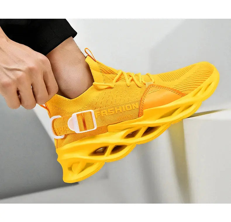 Sneakers yellow mesh breathable unisex with thick lattice sole and white buckle strap, Simples Market athletic shoes