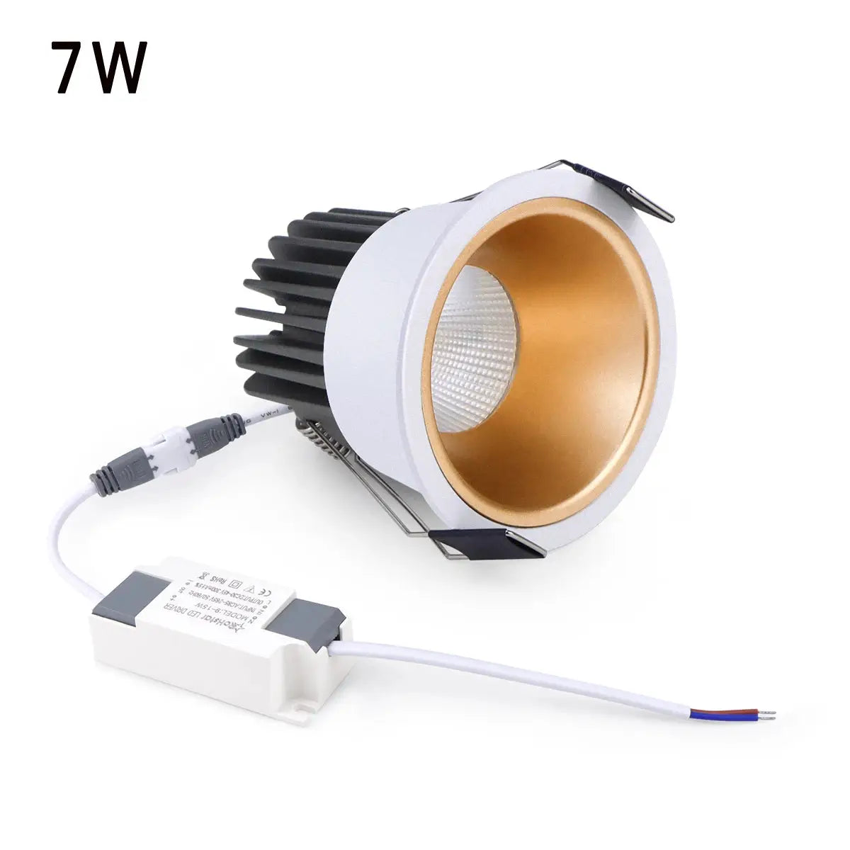 Simples Market 7W recessed COB LED spotlight with aluminum housing, gold reflector, and driver box