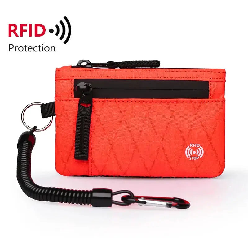 Zipper RFID Wallet red nylon mini coin purse with black zipper, coin pocket, and detachable carabiner strap