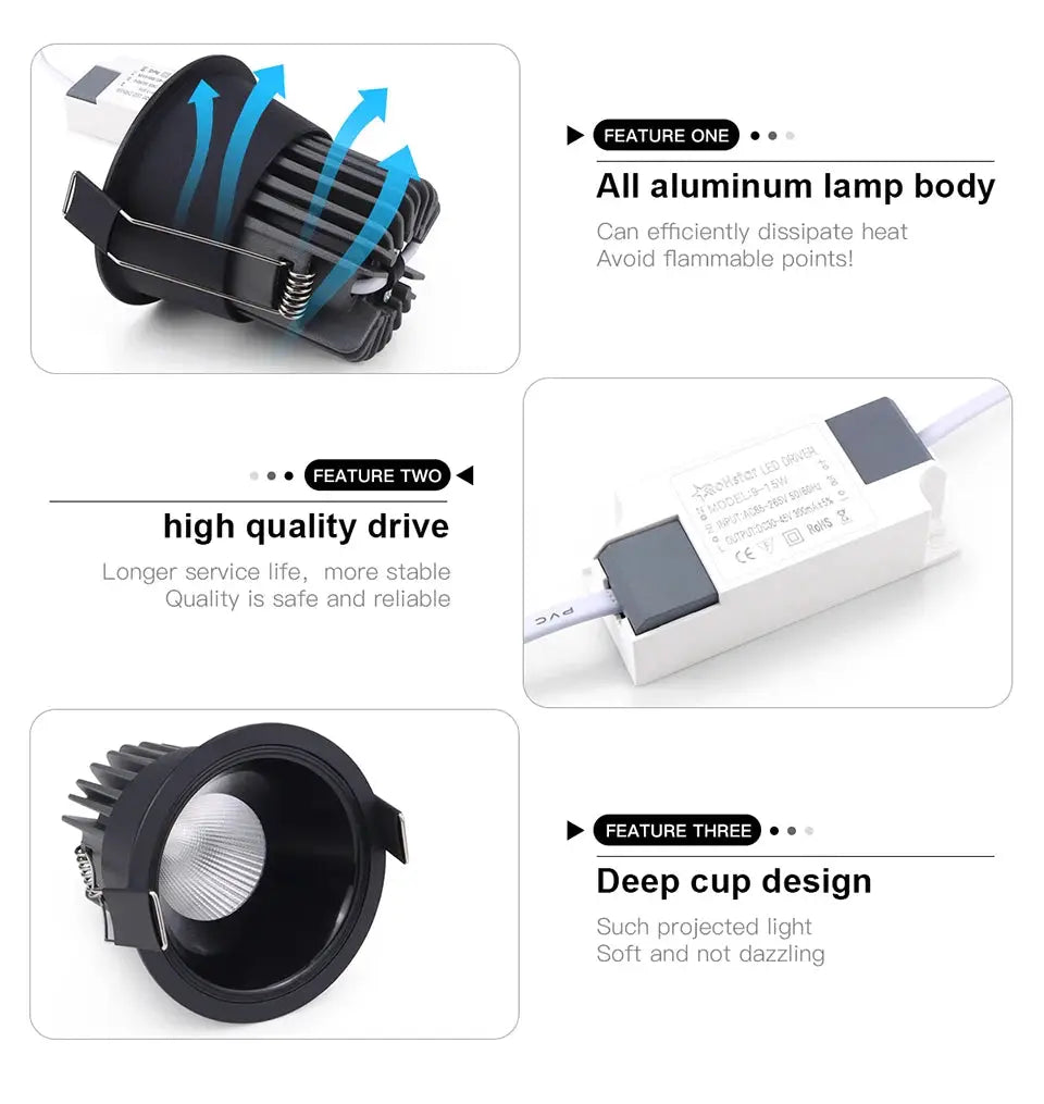 Aluminum LED spot light with heat sink and deep cup design for ceiling showcase lighting