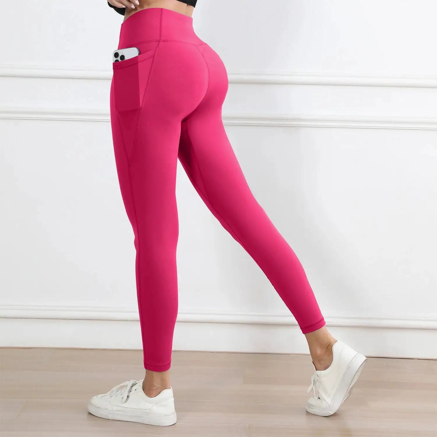 Simples Market women's pink high-waist leggings with pockets for workouts, butt-lifting stretch tights