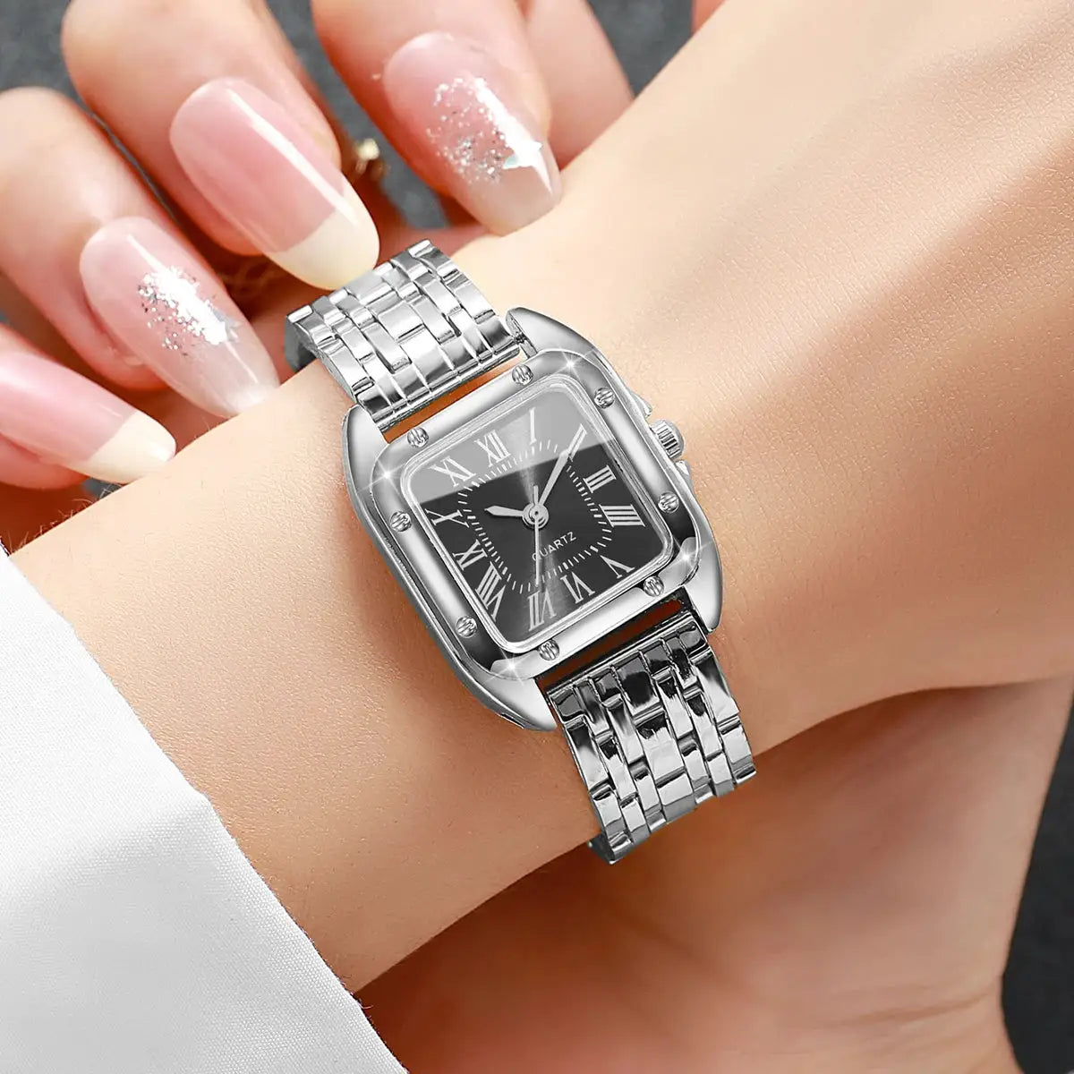 Luxury square women’s quartz watch by Simples Market with black Roma dial and silver stainless-steel bracelet