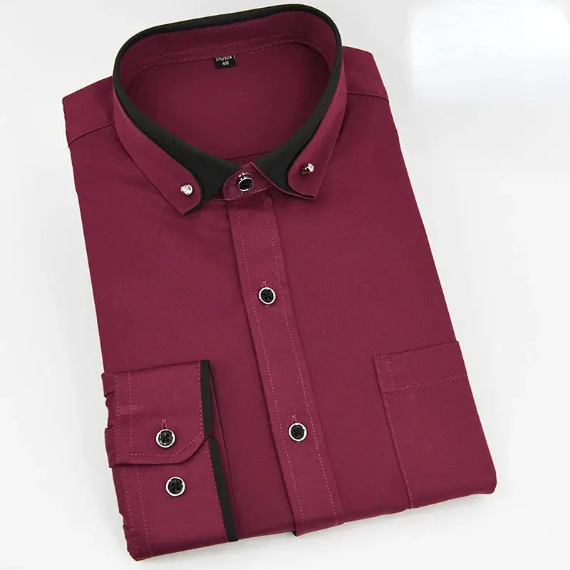 Men's burgundy dress shirt with black contrast collar, button-down front and chest pocket