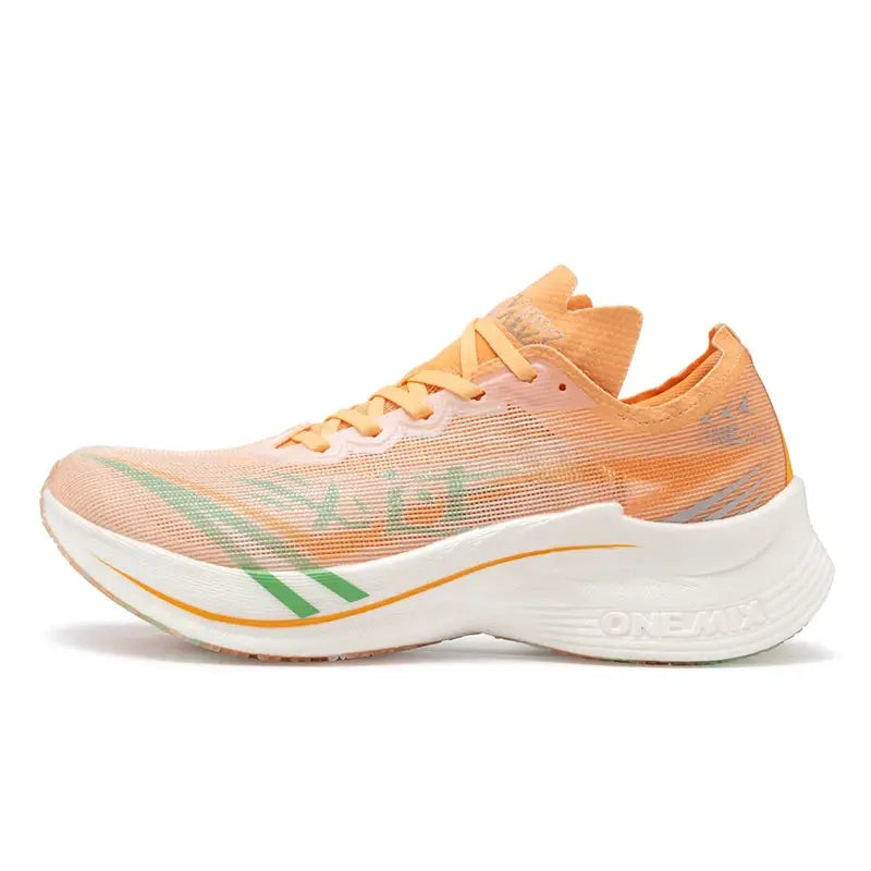 ONEMIX marathon carbon plate running shoes, peach-orange upper with white sole and green accent stripes.