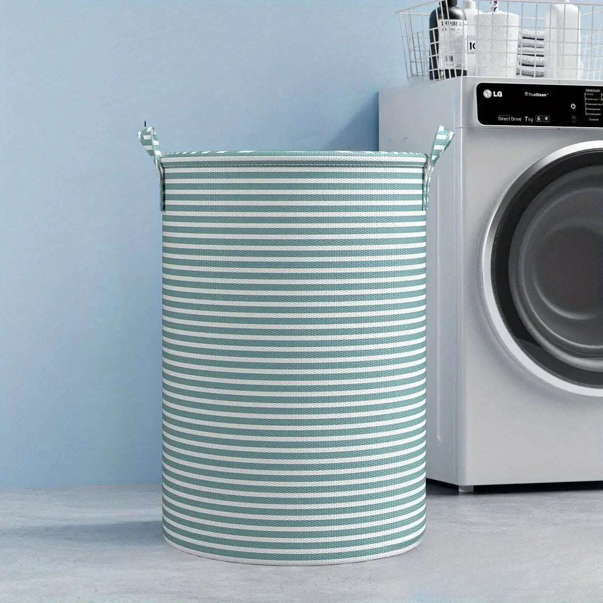 Foldable minimalist striped laundry basket, teal and white fabric, collapsible storage organizer.